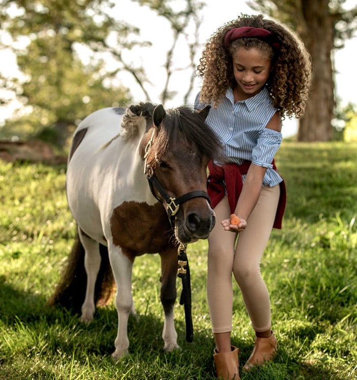 Girl feeding pony